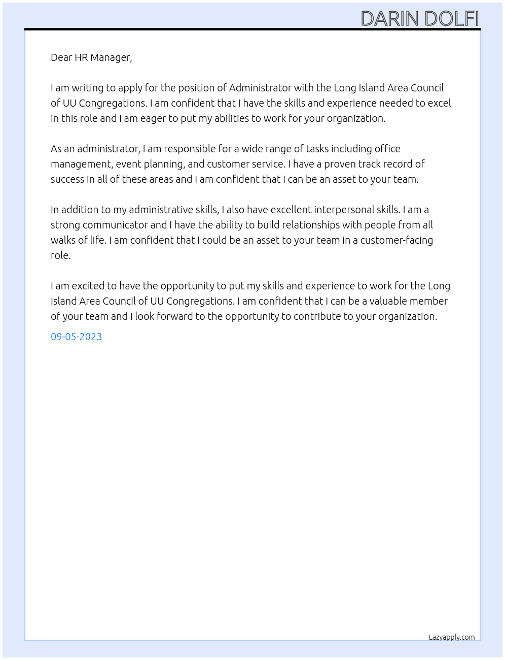Administrator At Long Island Area Council of UU Congregations Cover Letter