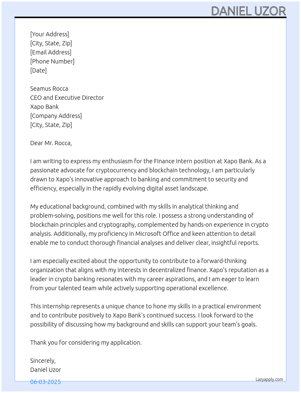 Finance intern  At Xapo Bank Cover Letter