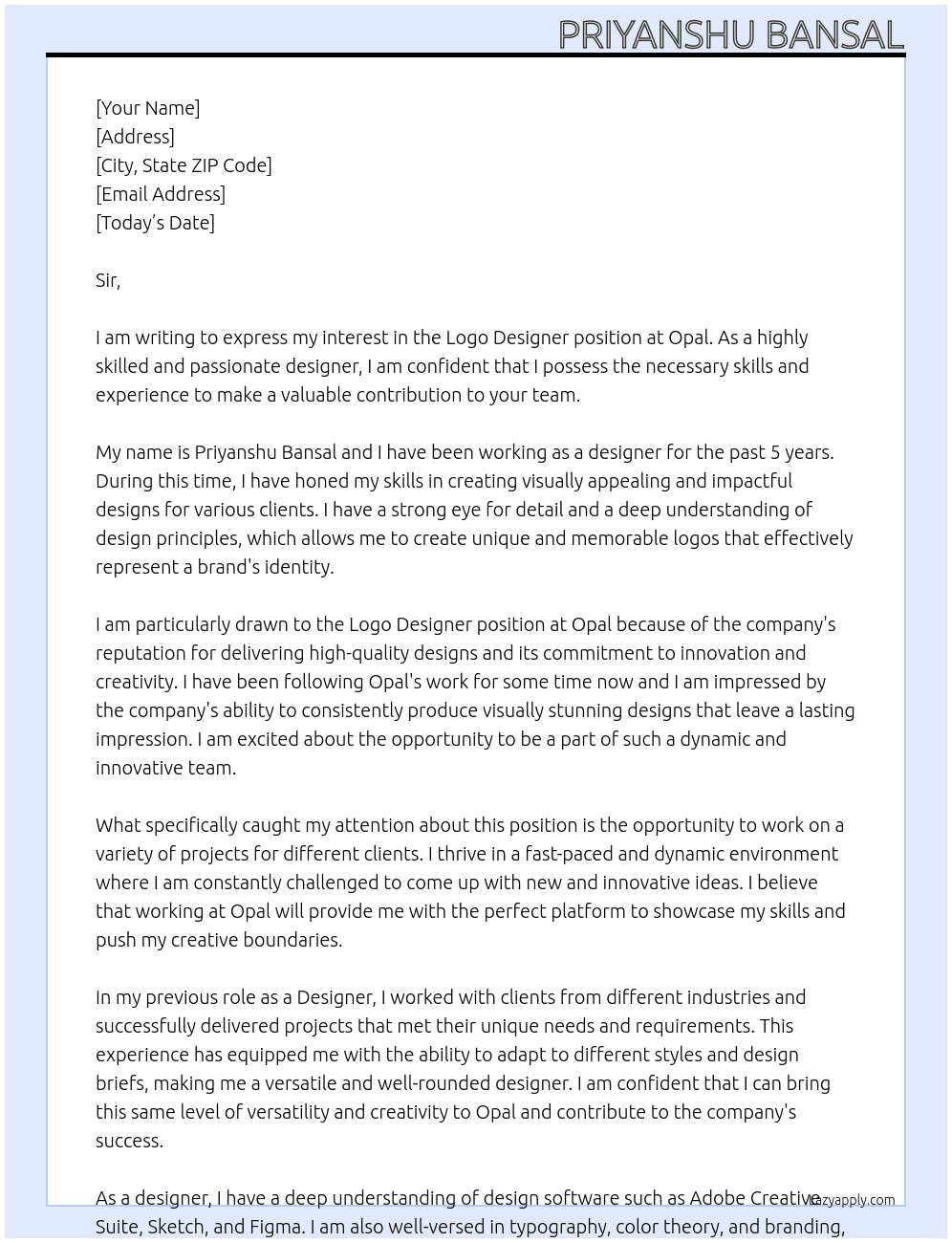 Logo designer  At Opal Cover Letter