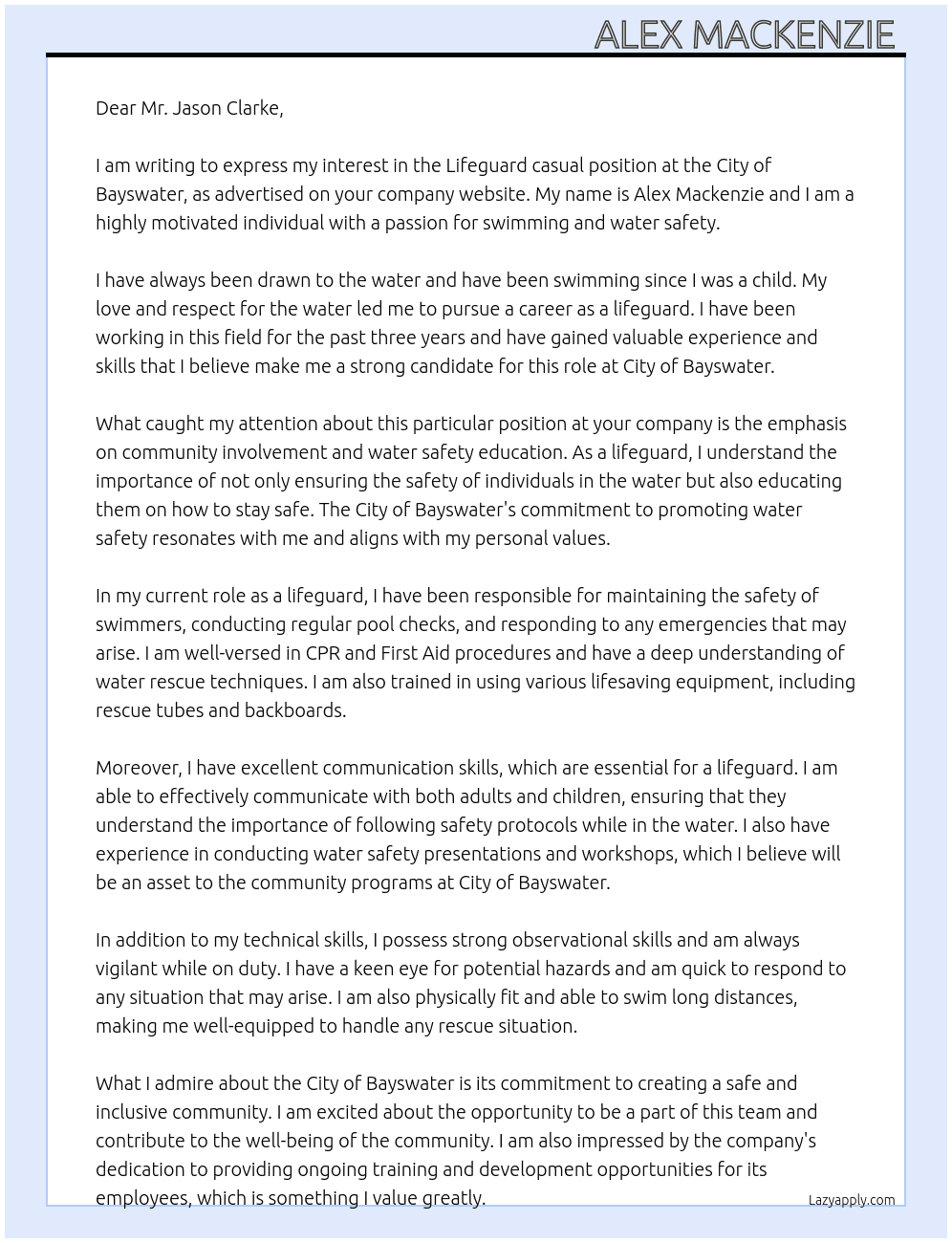 Lifeguard casual  At City of bayswater Cover Letter
