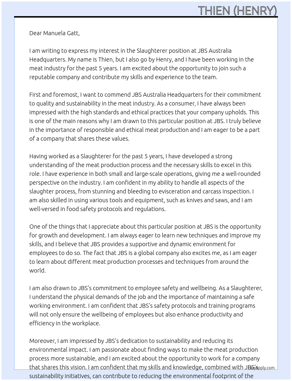 Slaughterer At JBS Australia Headquarters Cover Letter