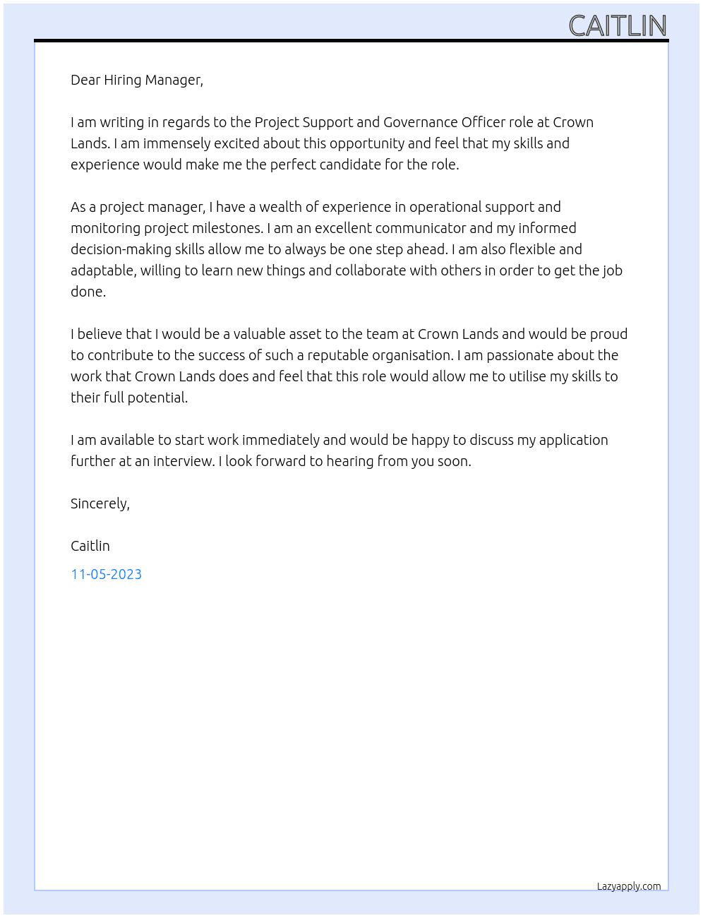 Project Support and Governance Officer At Crown Lands Cover Letter