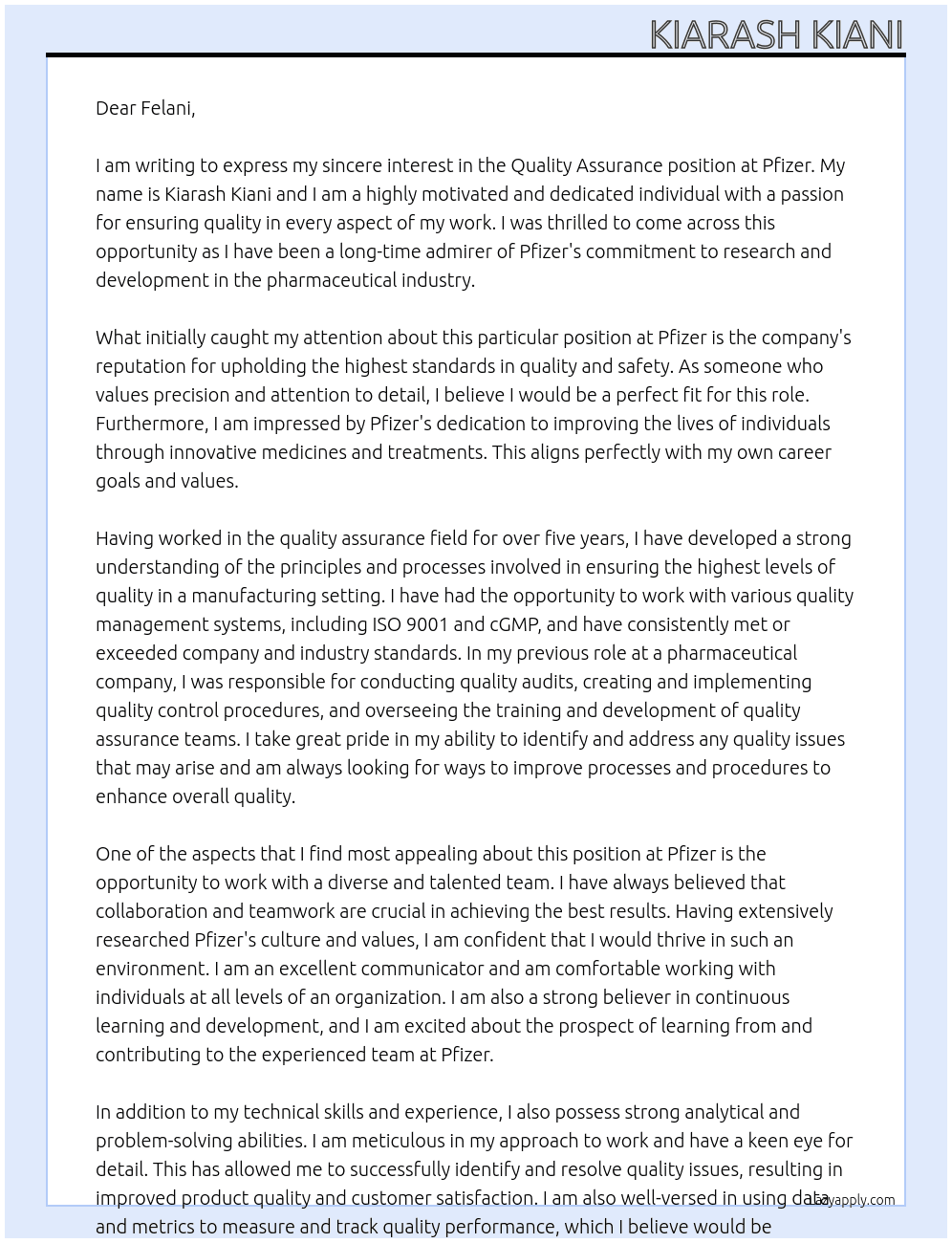 Quality Assurance At Pfizer Cover Letter