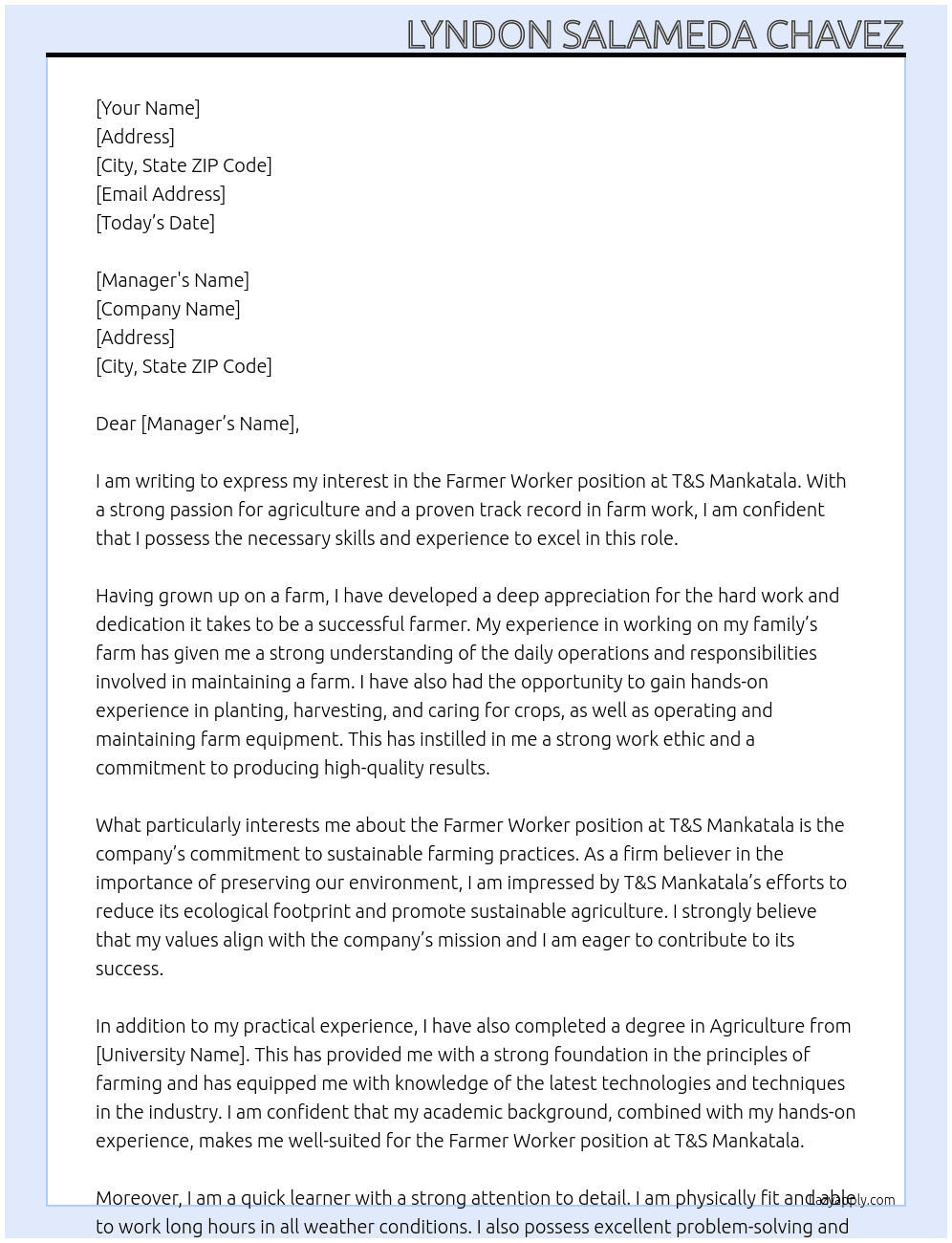 Farmer worker At T&S Mankatala Cover Letter