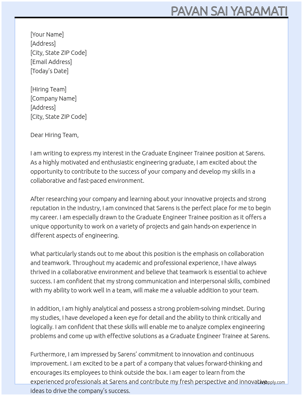 Graduate Engineer Trainee At Sarens Cover Letter