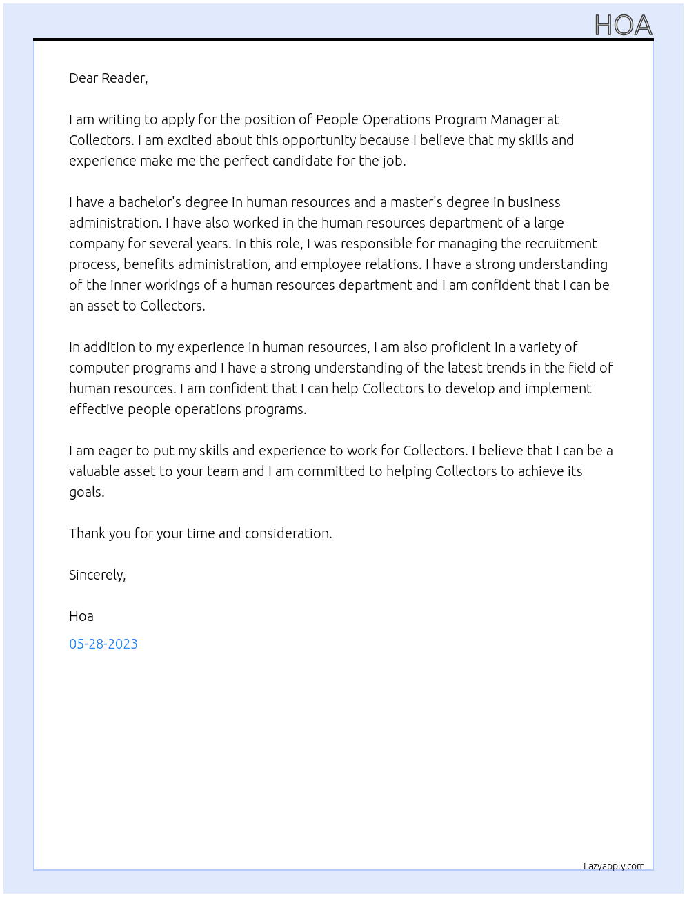 People Operations Program Manager At Collectors Cover Letter