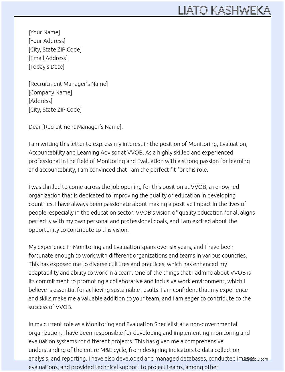 Monitoring, Evaluation, Accountability and Learning Advisor  At vvob Cover Letter