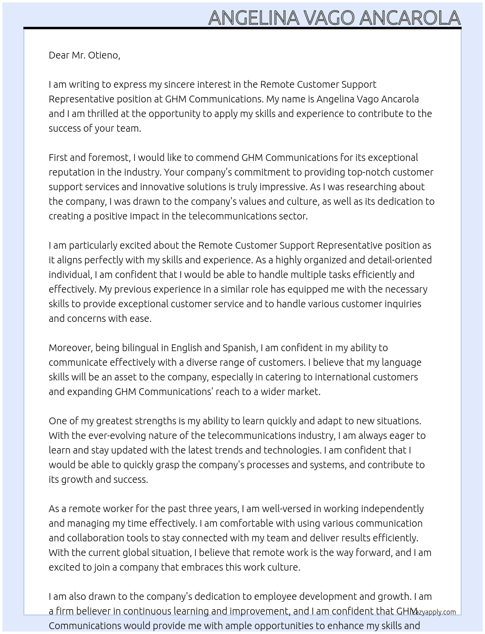 Remote Customer Support Representative At GHM communications  Cover Letter
