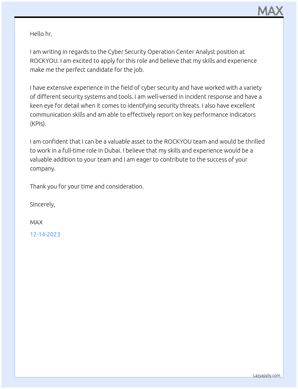 Cyber Security Operation Center Analyst At ROCKYOU Cover Letter