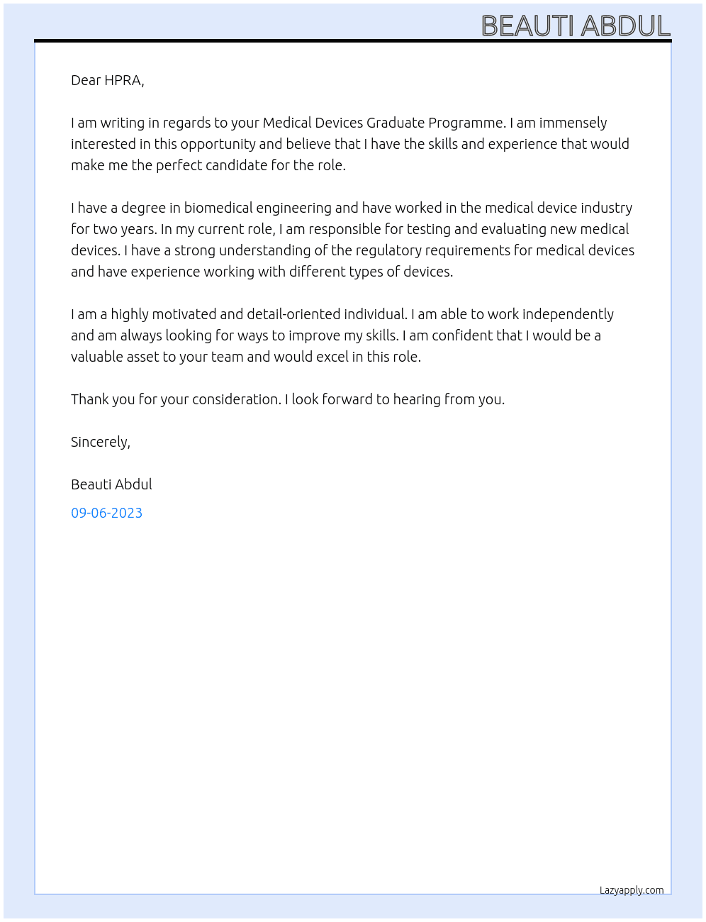 Medical Devices Graduate Programme At HPRA Cover Letter
