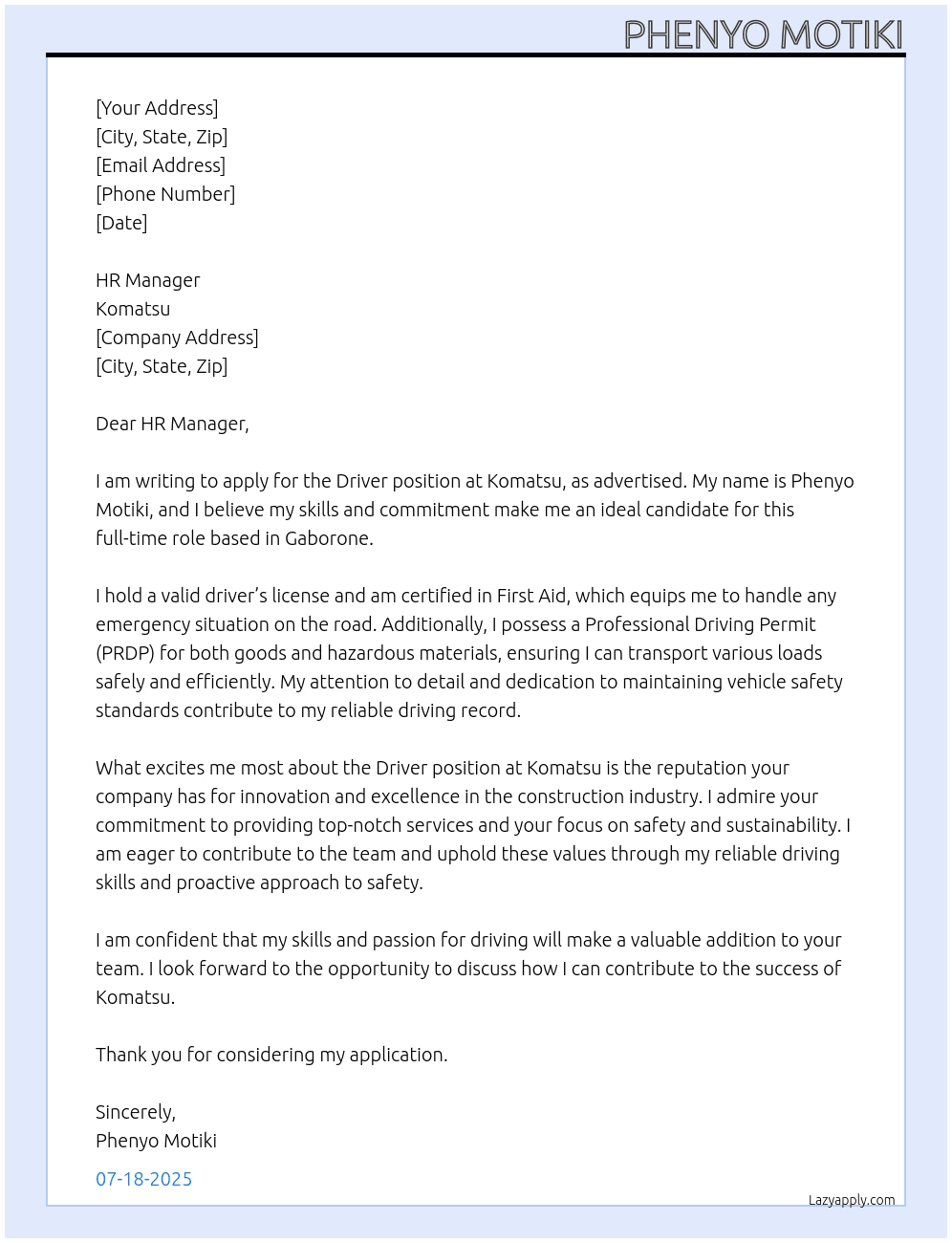  Driver At Komatsu Cover Letter