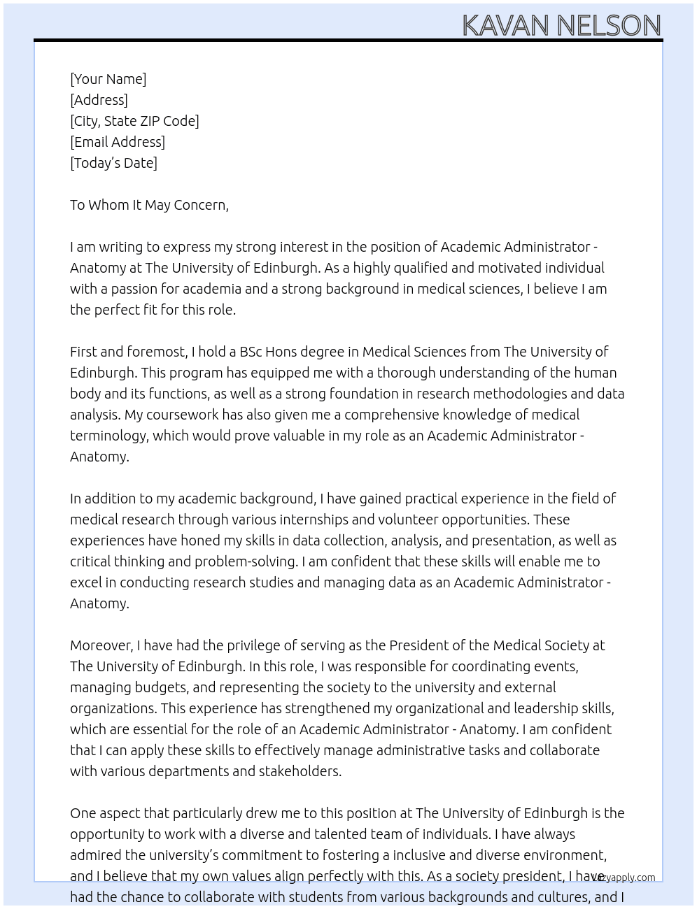 Academic Administrator - Anatomy At The University of Edinburgh Cover Letter