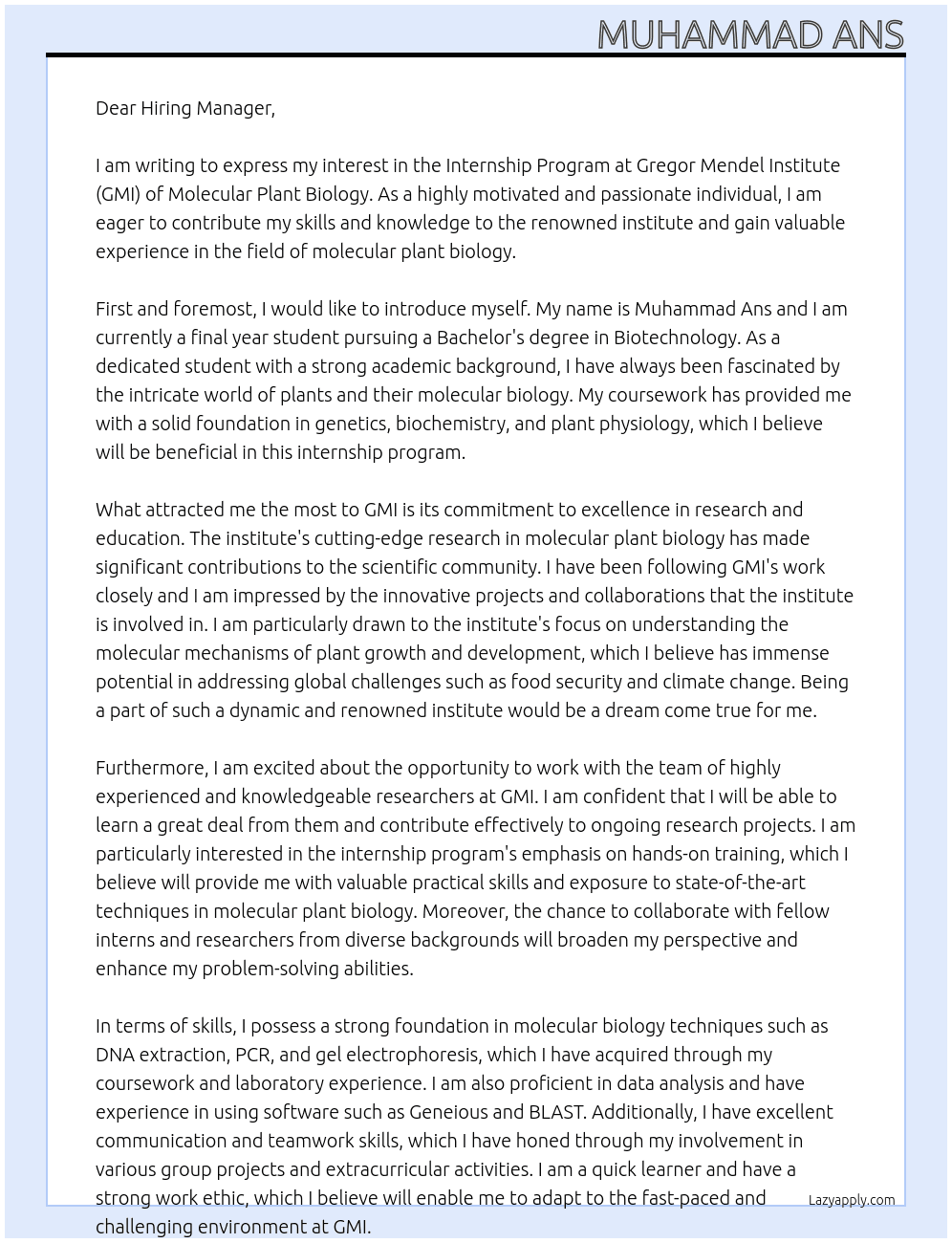 Internship program At Gregor  Mendel Institute (GMI) of Molecular Plant Biology. Cover Letter