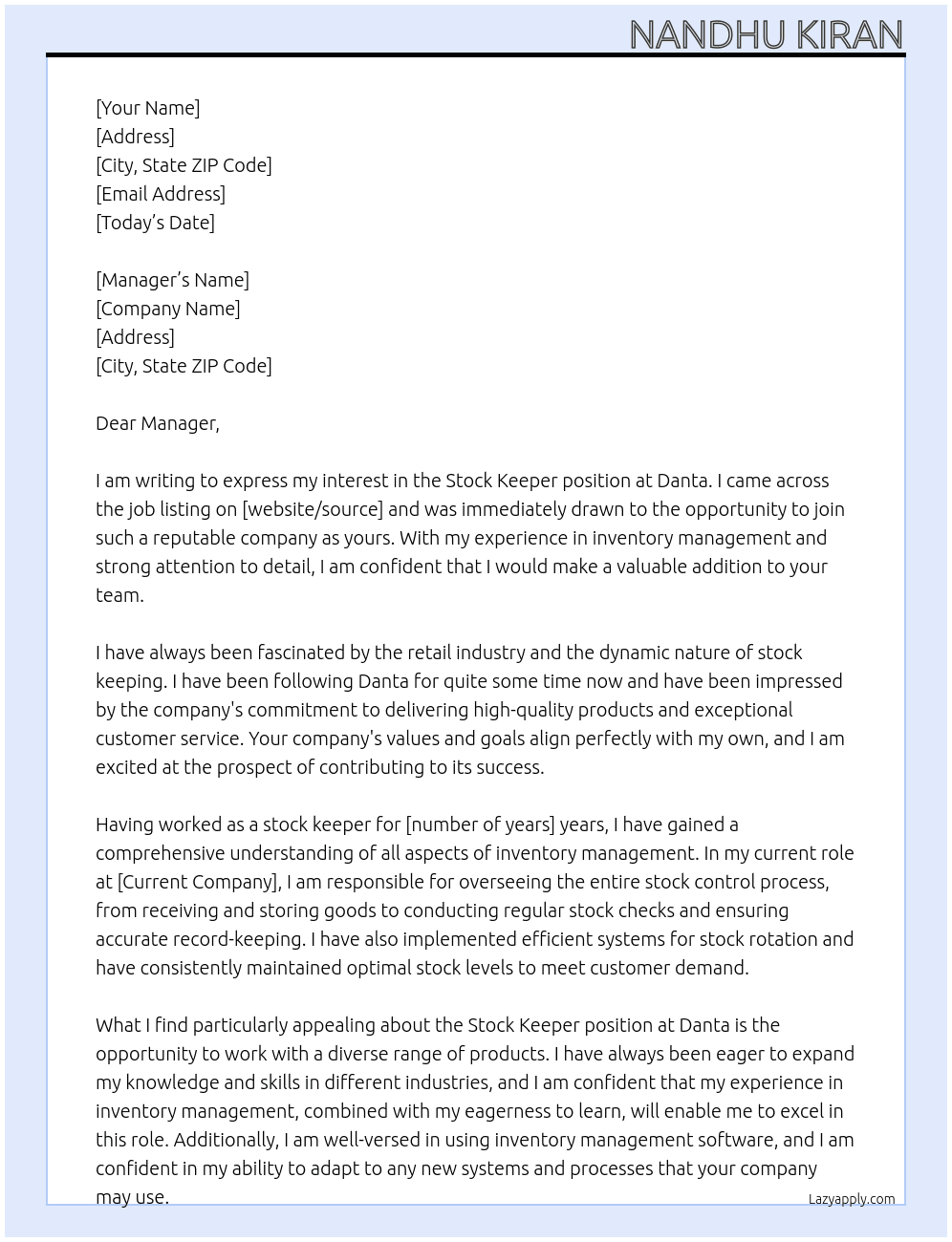 Stock keeper At Danta Cover Letter