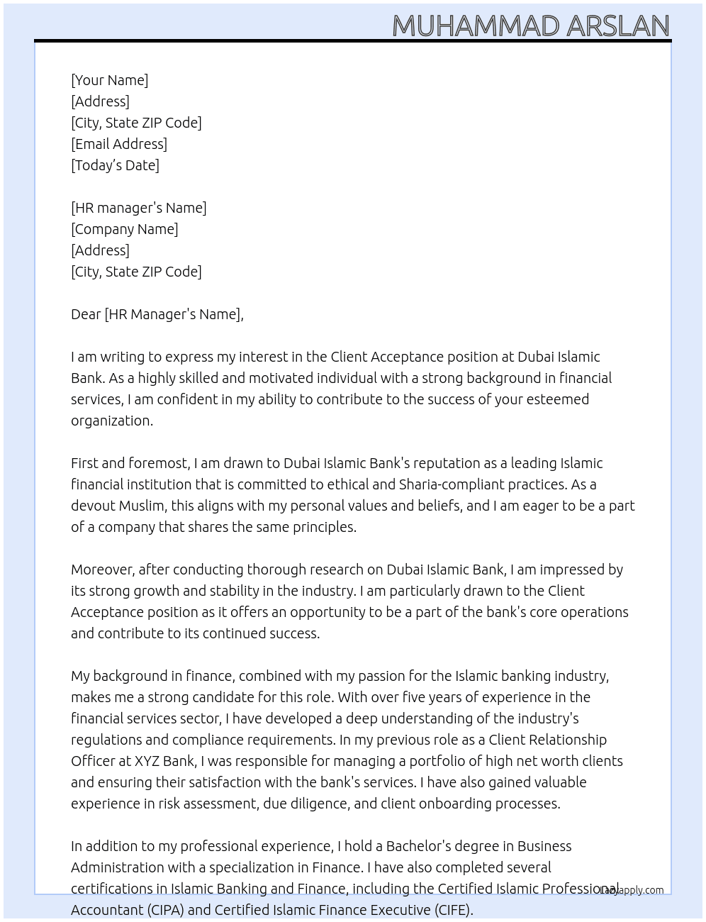 Client Acceptance At Dubai Islamic Bank Cover Letter