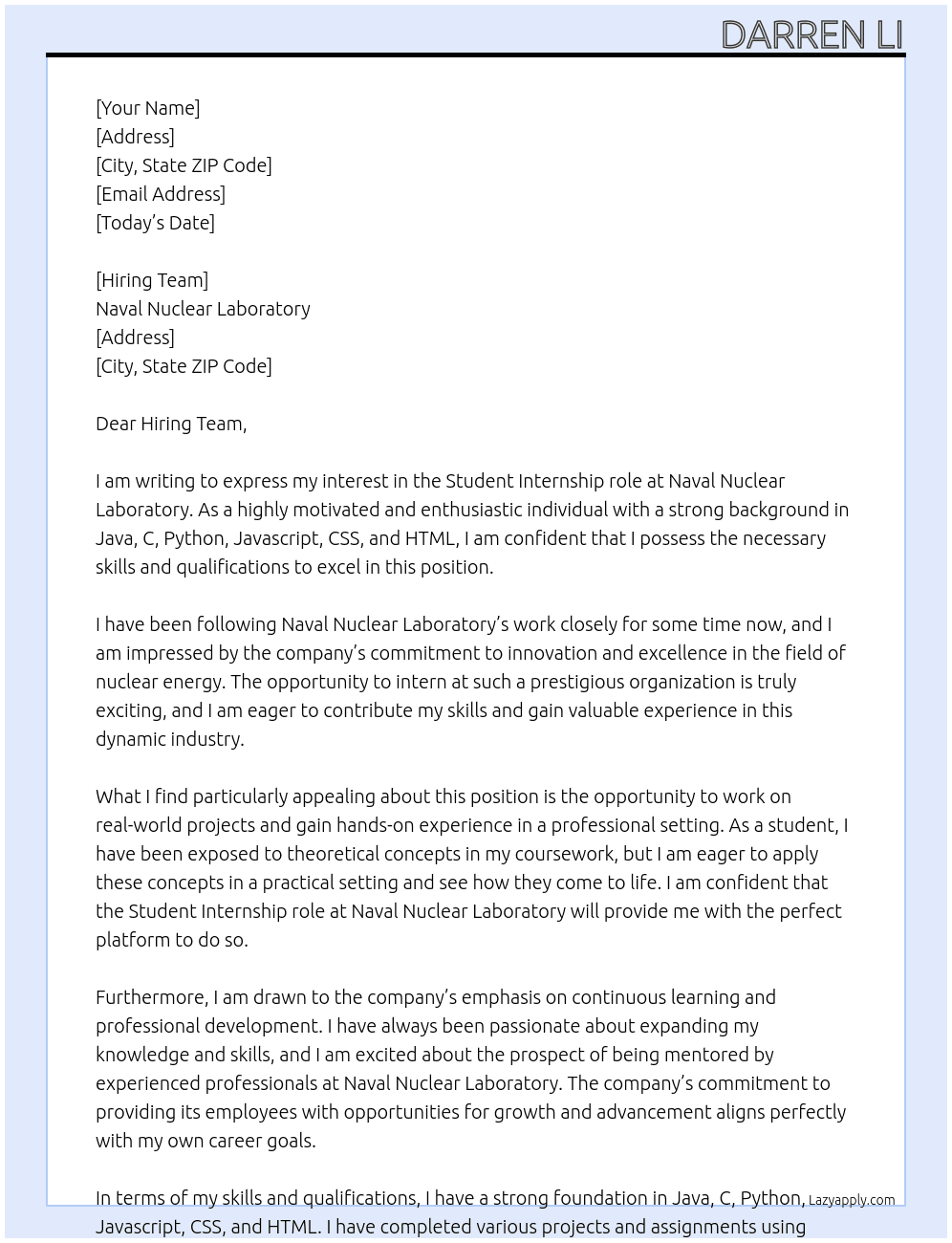 Student At Naval Nuclear Laboratory Cover Letter