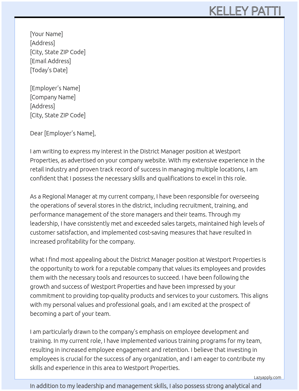 District Manager  At Westport Properties  Cover Letter