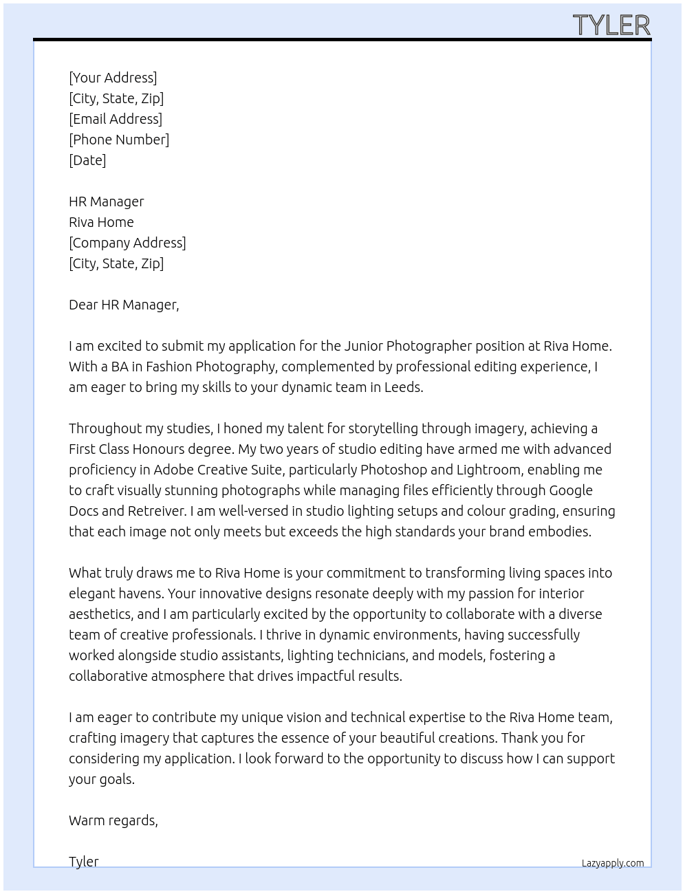 Junior Photographer At Riva Home  Cover Letter
