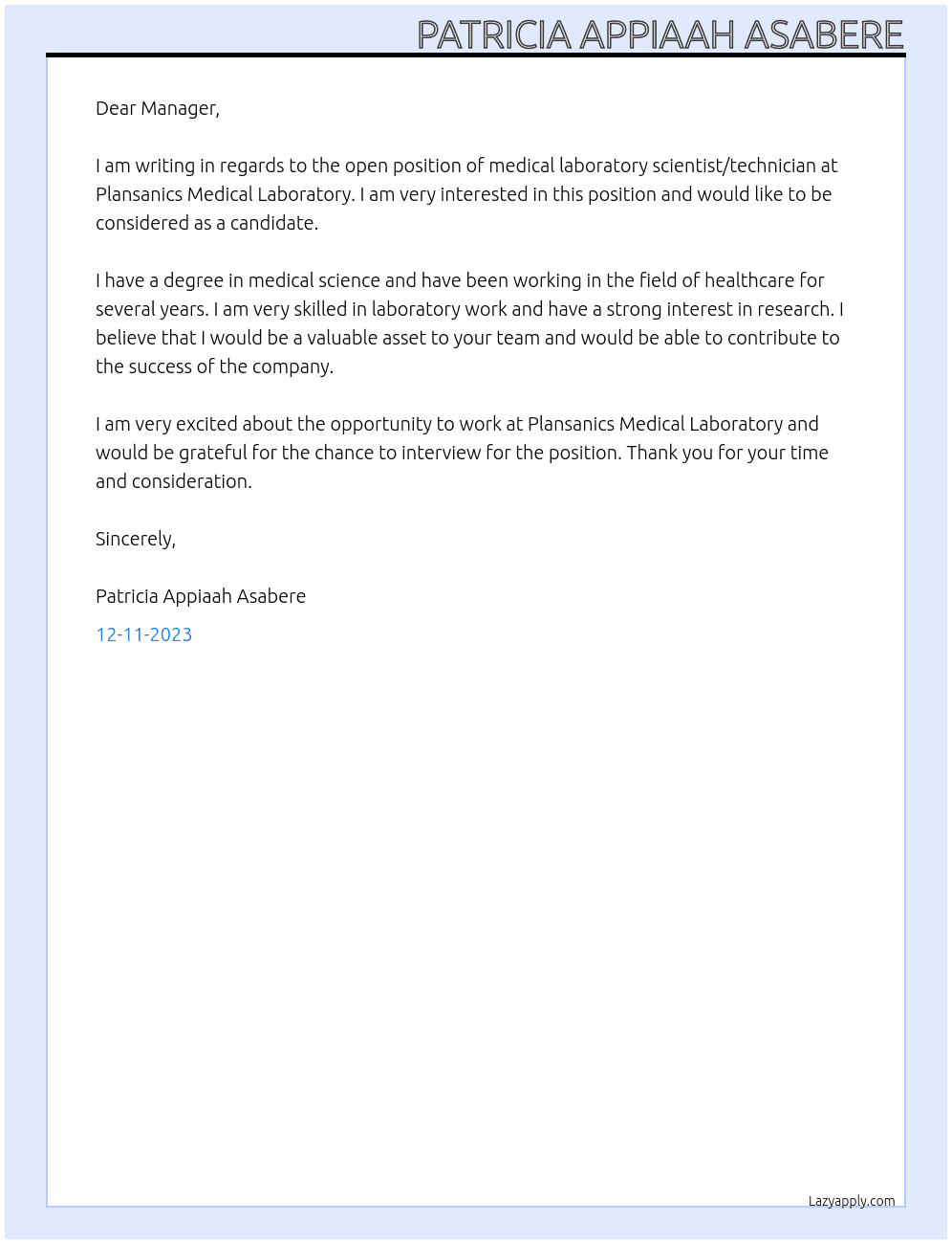 Medical laboratory scientist/Technician At Plansanics Medical Laboratory Cover Letter