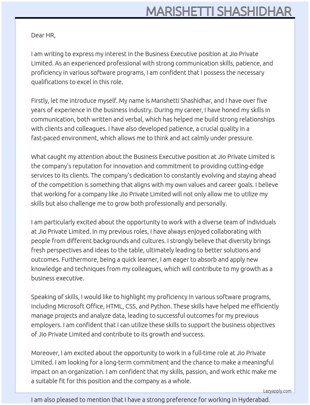 Business Executive  At Jio private limited  Cover Letter