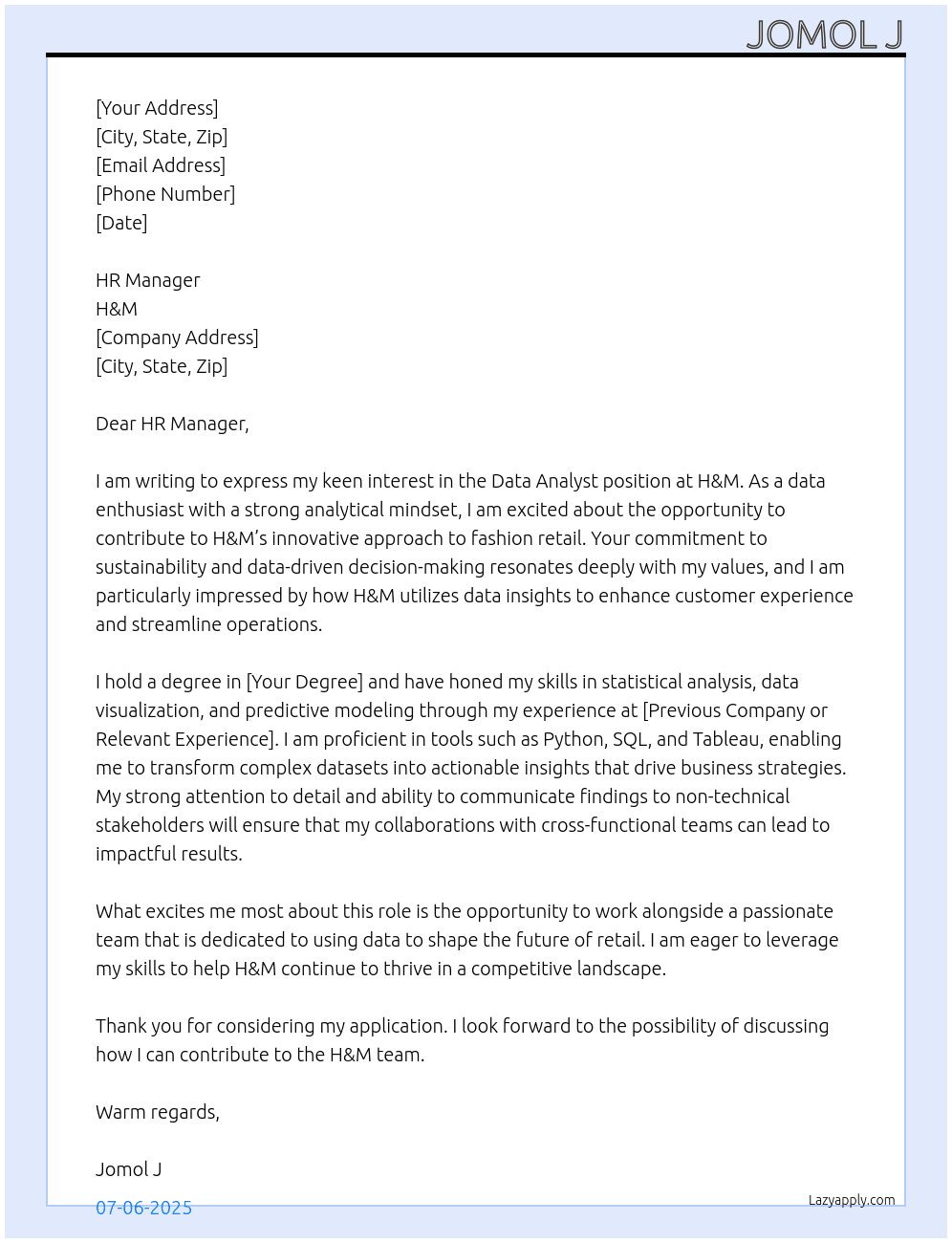 Data Analyst At H&M Cover Letter