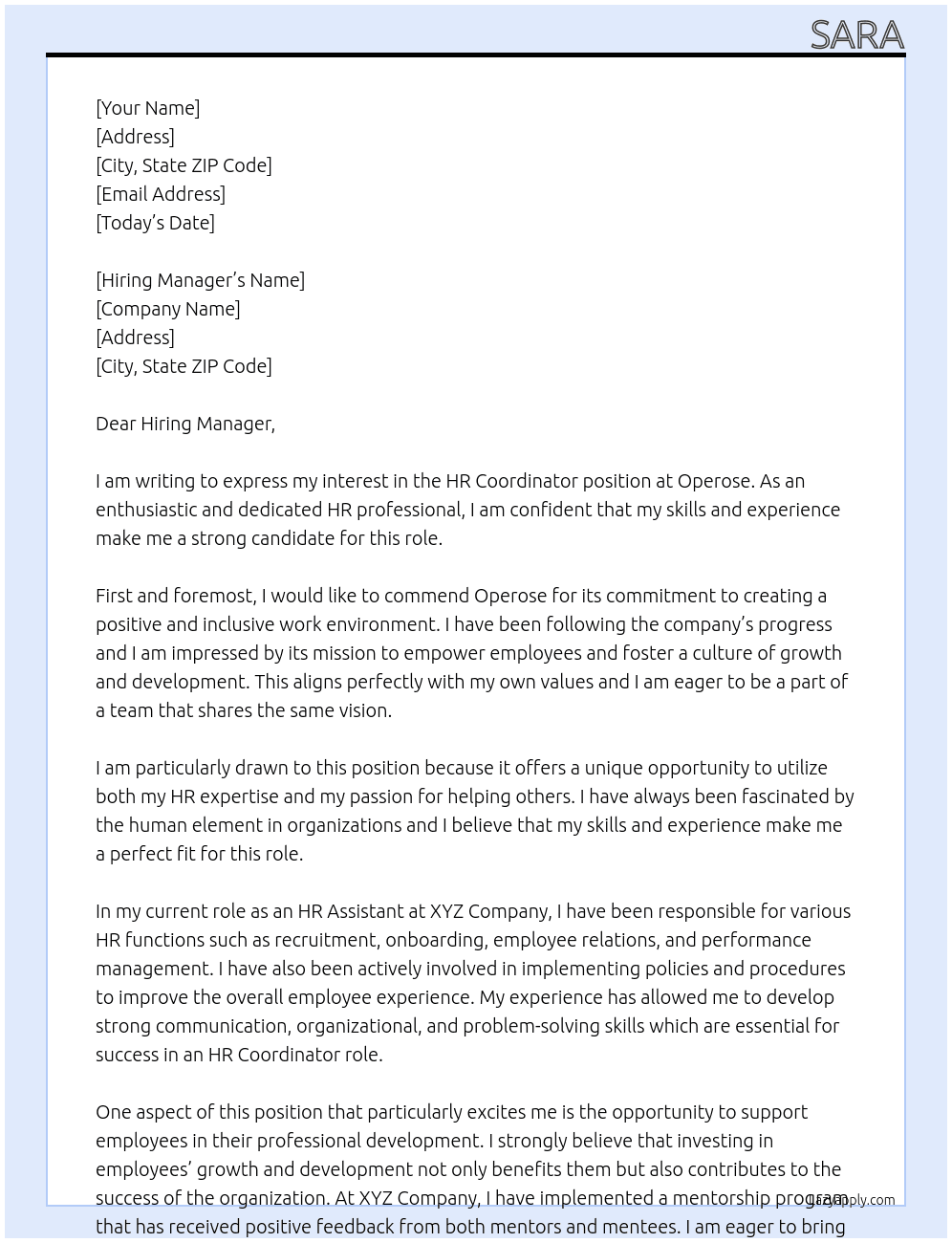 HR Coordinator At Operose  Cover Letter