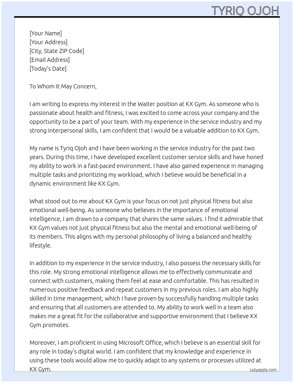 Waiter At KX Gym Cover Letter
