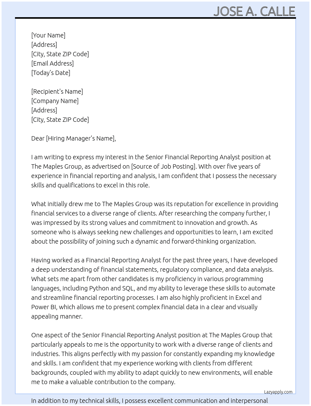 Senior Financial Reporting Analyst At The Maples Group Cover Letter