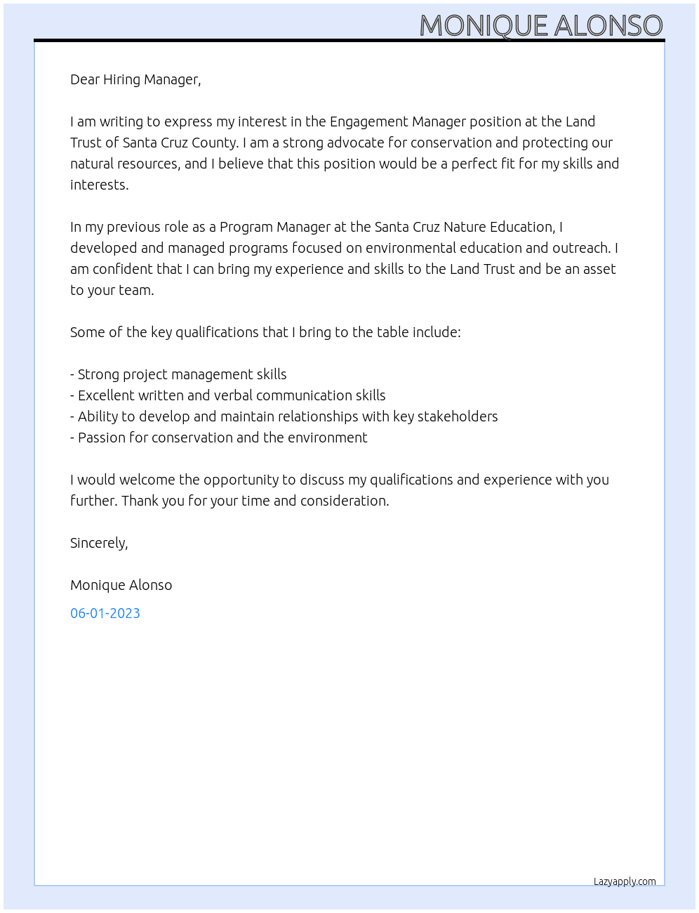 Engagement Manager At Land Trust of Santa Cruz County Cover Letter