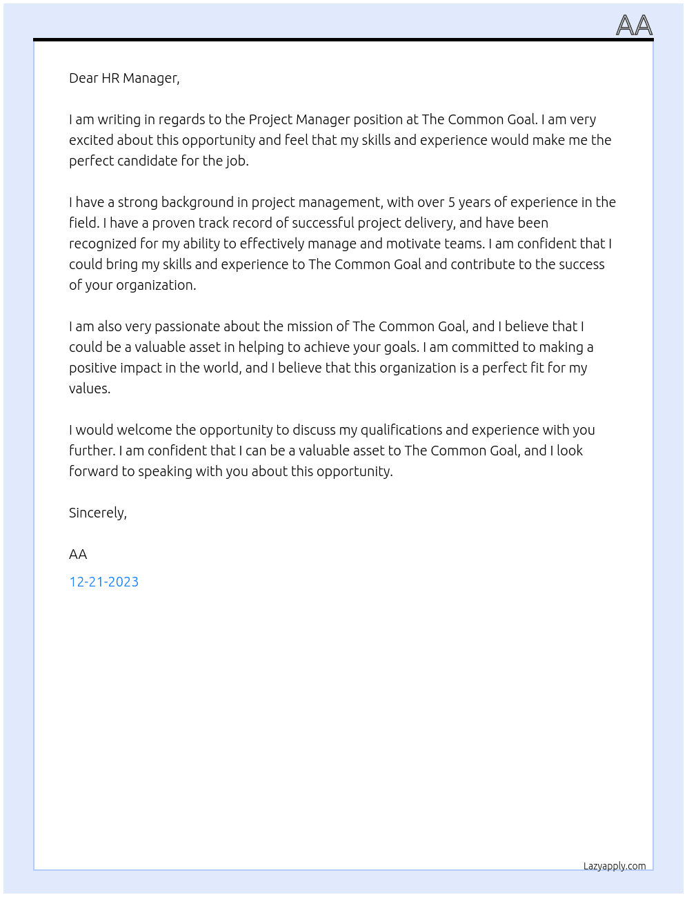 Project Manafer At The Common Goal Cover Letter