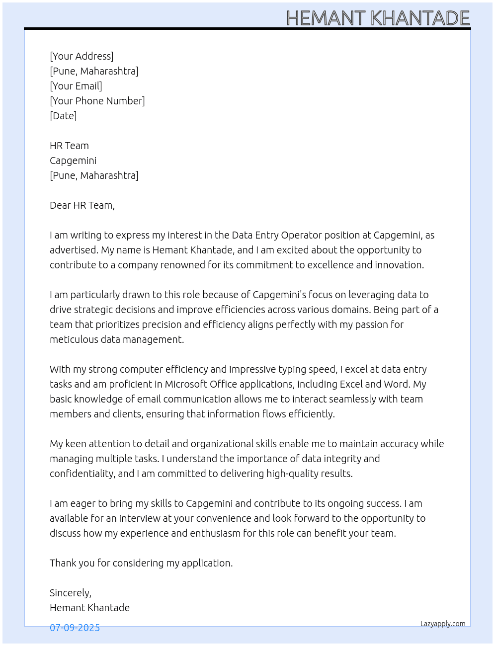 Data entry  At Capgemini  Cover Letter