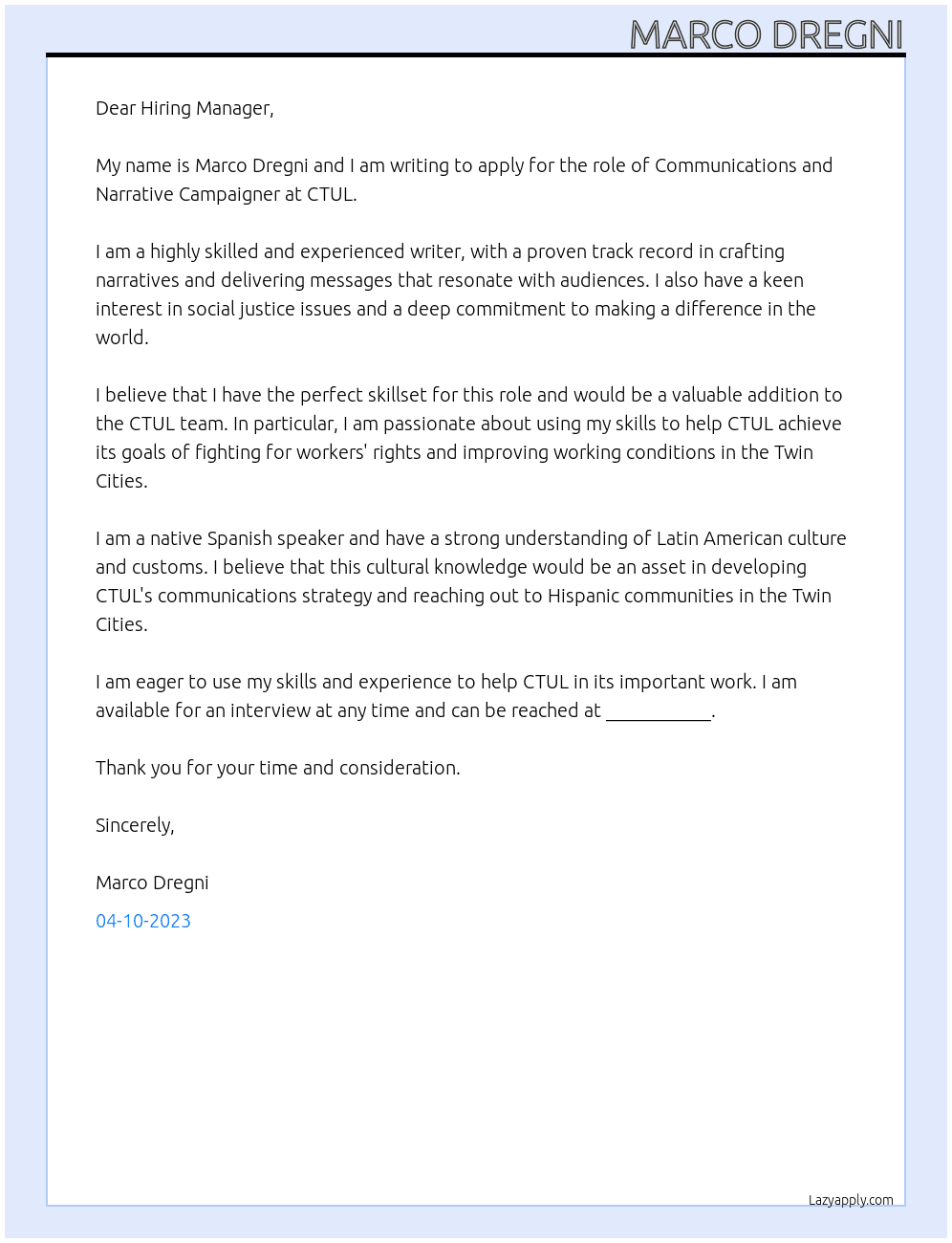 Communications and Narrative Campaigner At CTUL Cover Letter