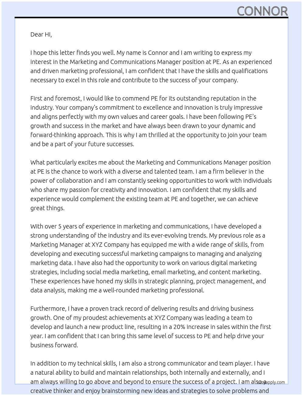 Marketing & Communications Manager At PE Cover Letter