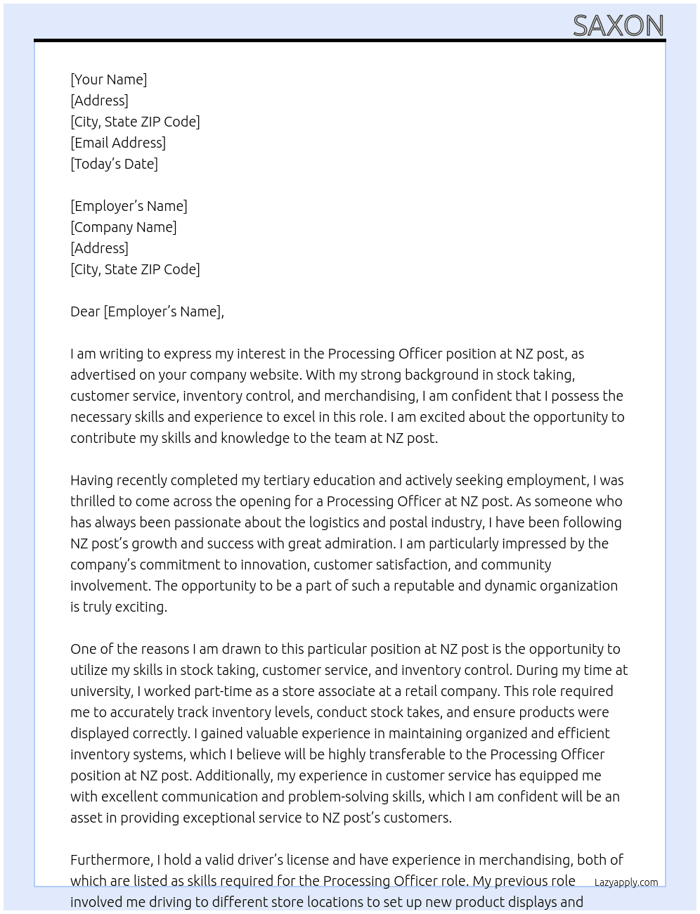 Processing Officer  At NZ post Cover Letter