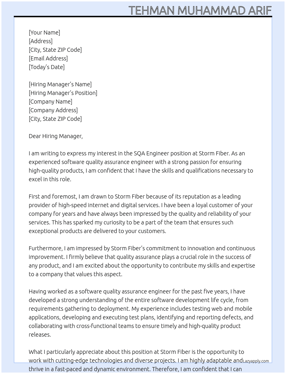 SQA Engineer At Storm Fiber Cover Letter
