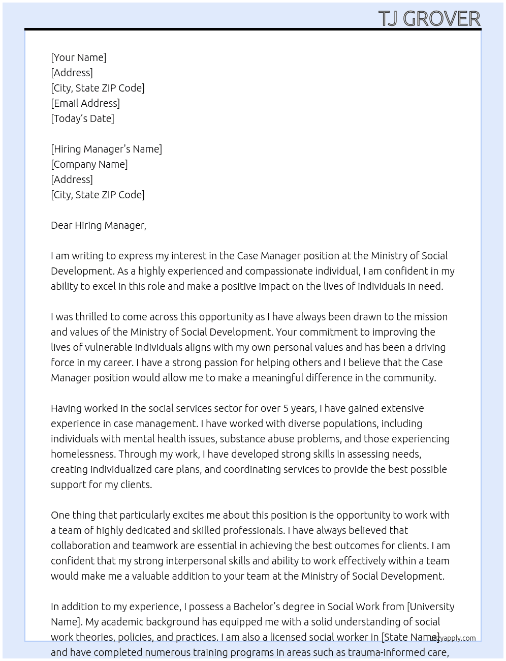 Case Manager At Ministry of Social Developement Cover Letter