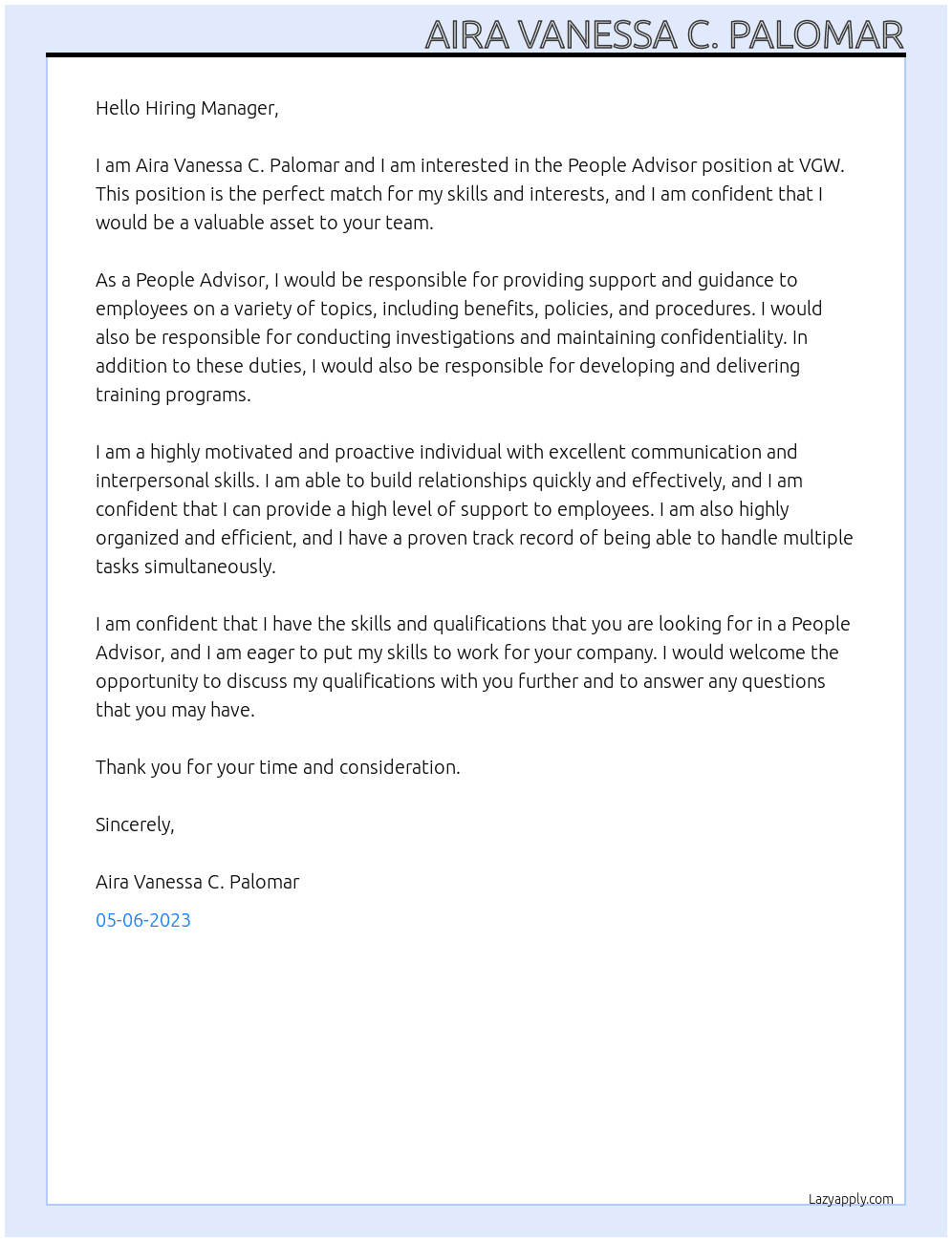 People Advisor At VGW Cover Letter
