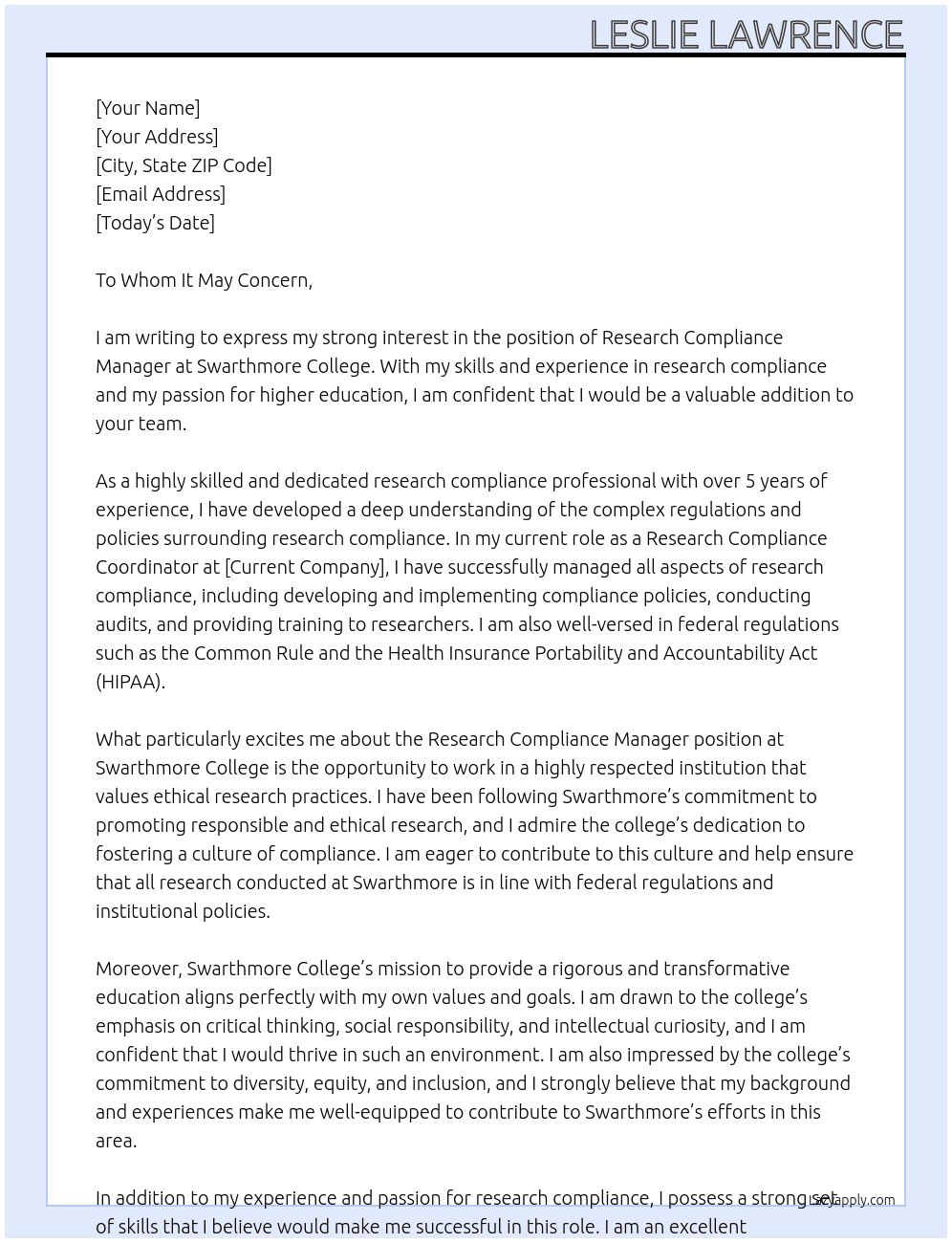 Research Compliance Manager At Swarthmore College Cover Letter