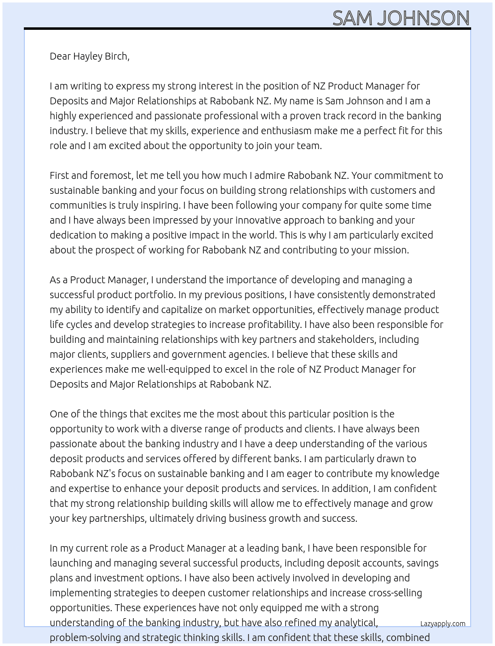 NZ Product Manager - Deposits and Major Relationships At Rabobank NZ Cover Letter