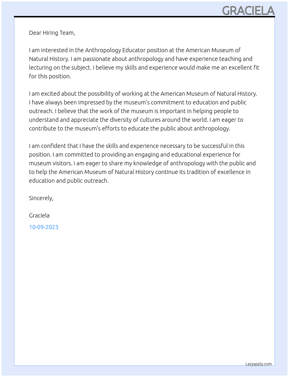 Anthropology Educator At American Museum of Natural History Cover Letter