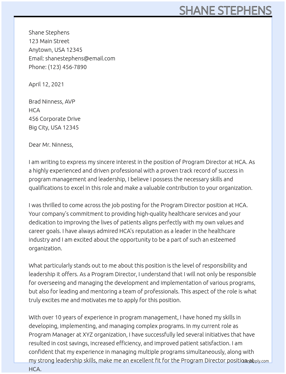Program Director At HCA Cover Letter
