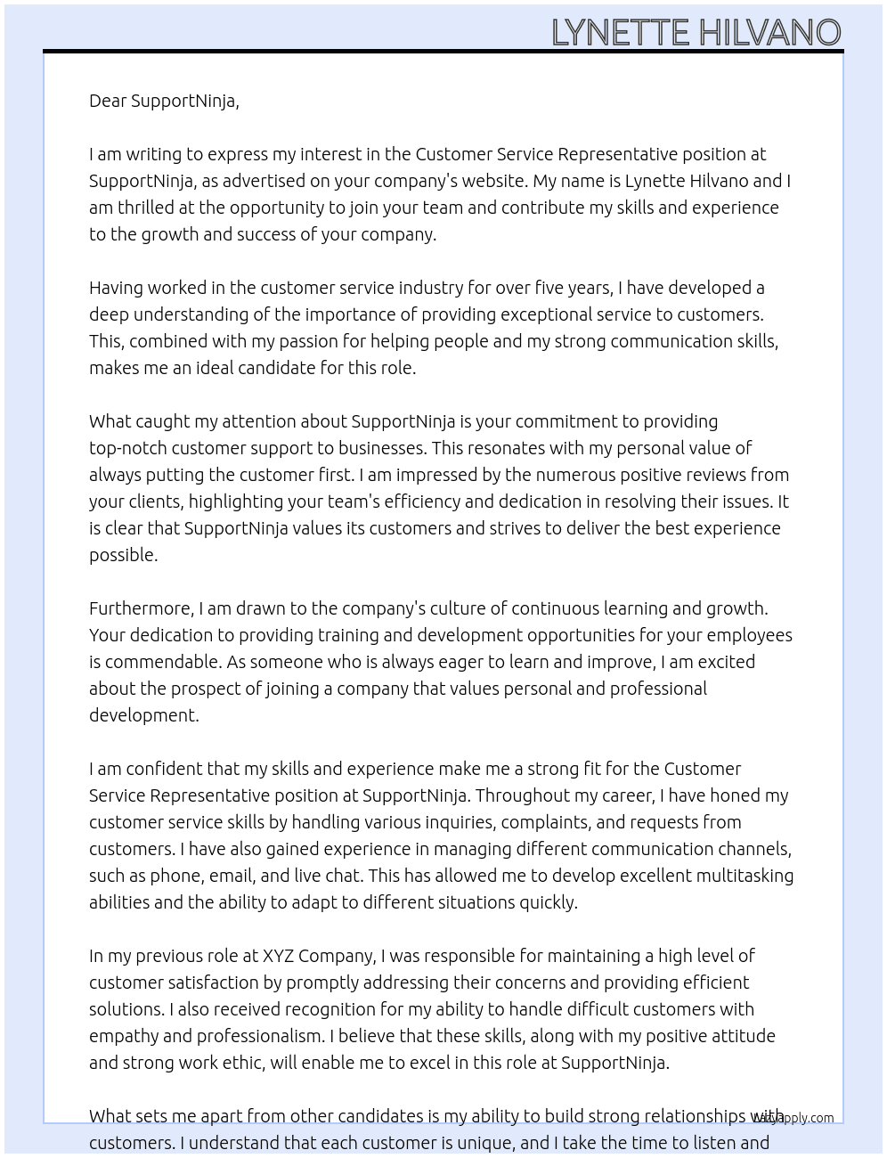 Customer Service Representative At SupportNinja Cover Letter