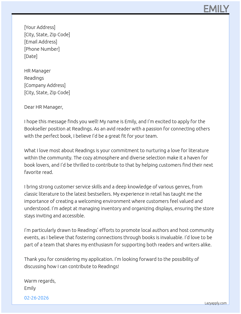 bookseller At Readings Cover Letter