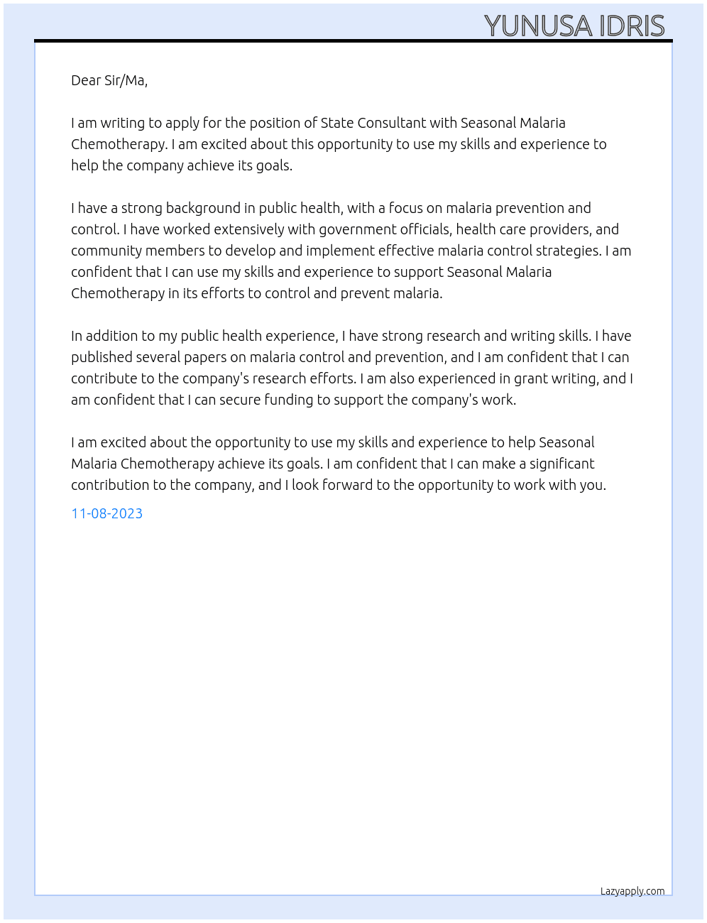 State Consultants  At Seasonal Malaria Chemotherapy Cover Letter