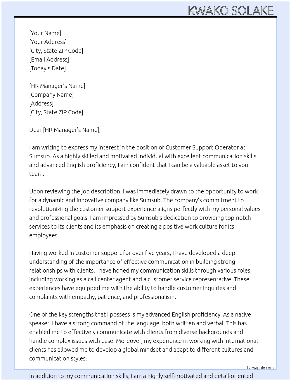 Customer Support Operator At Sumsub Cover Letter