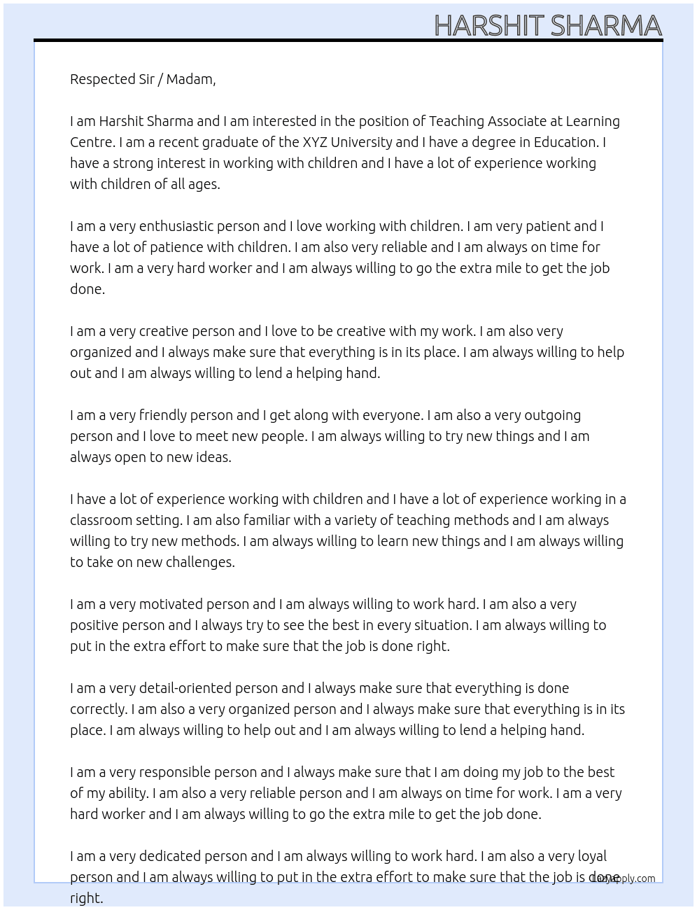 Teaching Associate At Learning Centre Cover Letter
