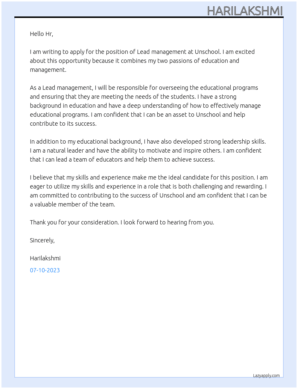 Lead management  At Unschool Cover Letter