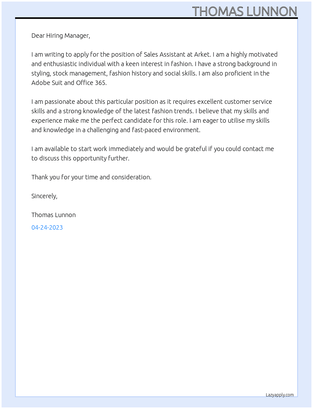 Sales Assistant  At Arket Cover Letter
