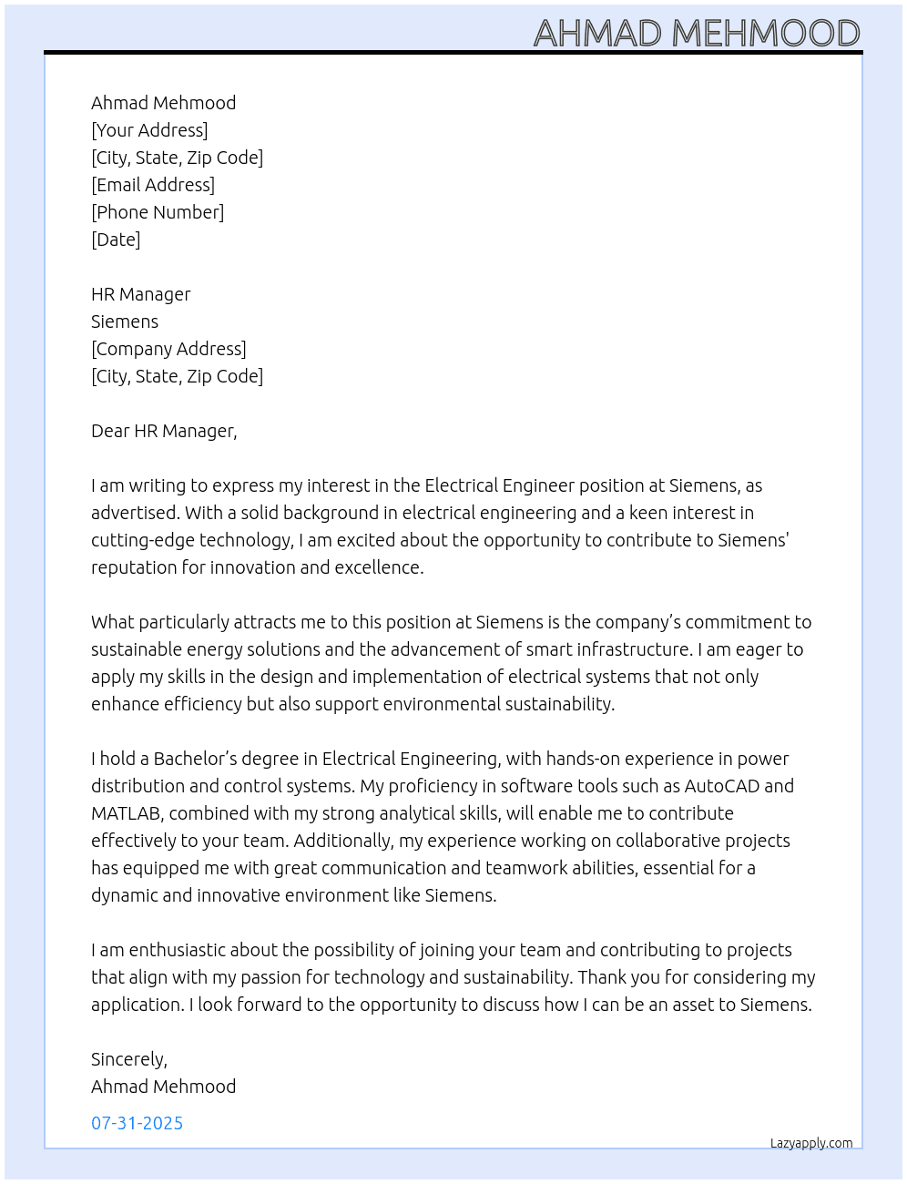 Electrical Engineer At Siemens Cover Letter