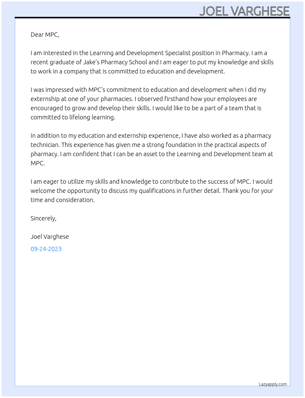 learning and development specialist in pharmacy At MPC Cover Letter